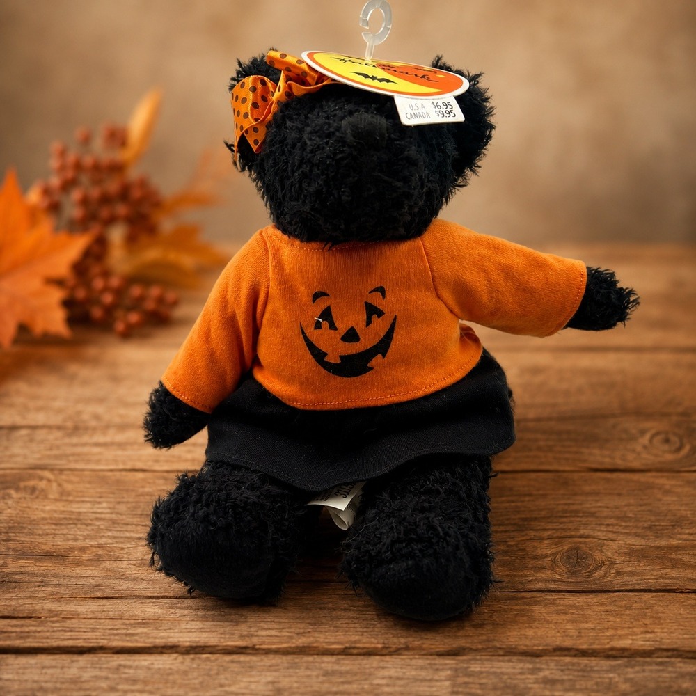 Hallmark Halloween Black Teddy Bear Plush Pumpkin Shirt Orange Bow NWT 11"